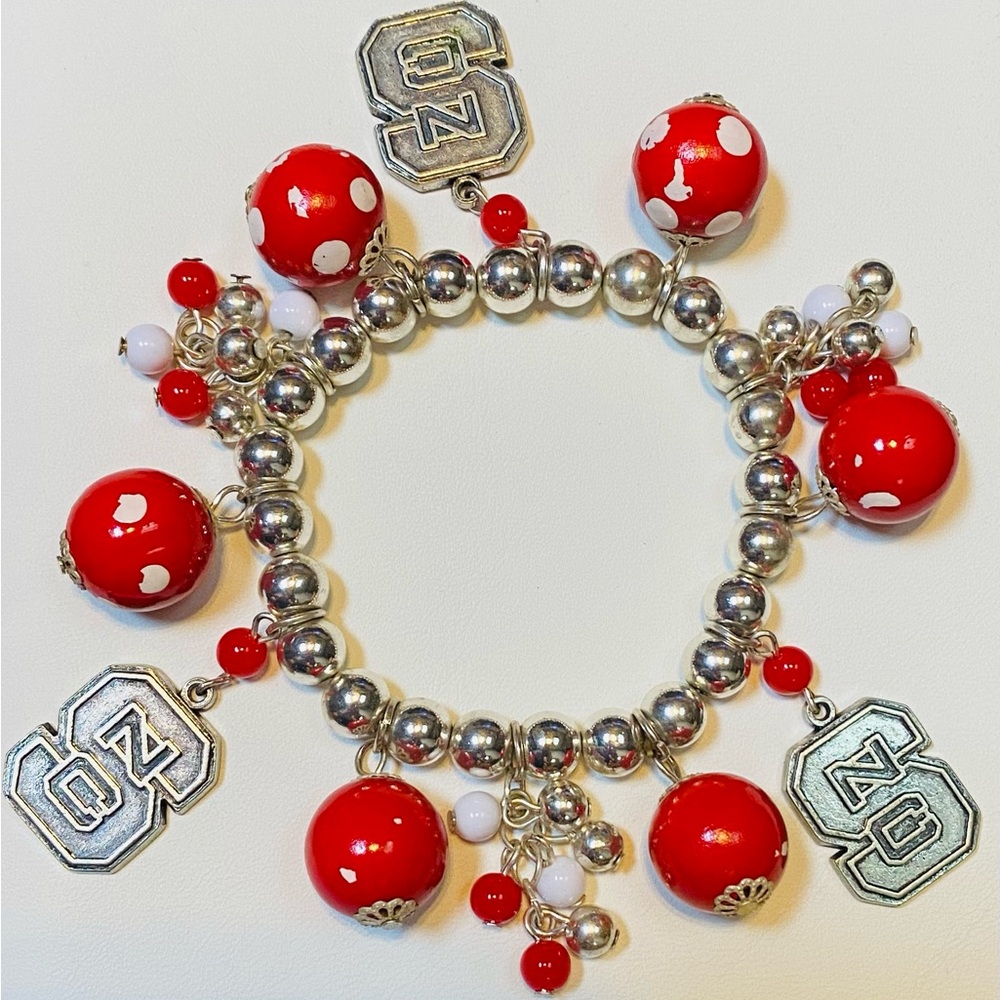 NC State Red, White and Silver Beaded Charm Bracelet